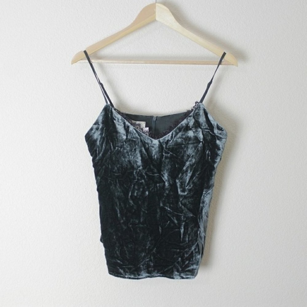 L'AGENCE Green Velvet Camisole with Black Lace Trimmed V-Neck